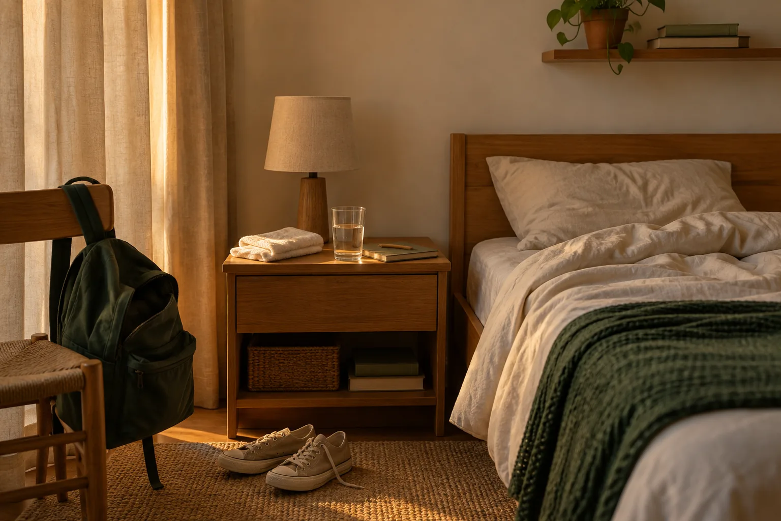 Quarto de criança em penumbra no fim da tarde, cortina fechada, cama meio desfeita e copo de água com toalha na mesa de cabeceira