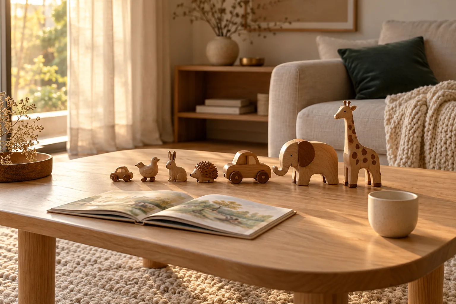 Mesa baixa de madeira em sala de estar, com animais e carrinhos de madeira alinhados em fileira ao lado de um livro infantil aberto, em luz de fim de tarde
