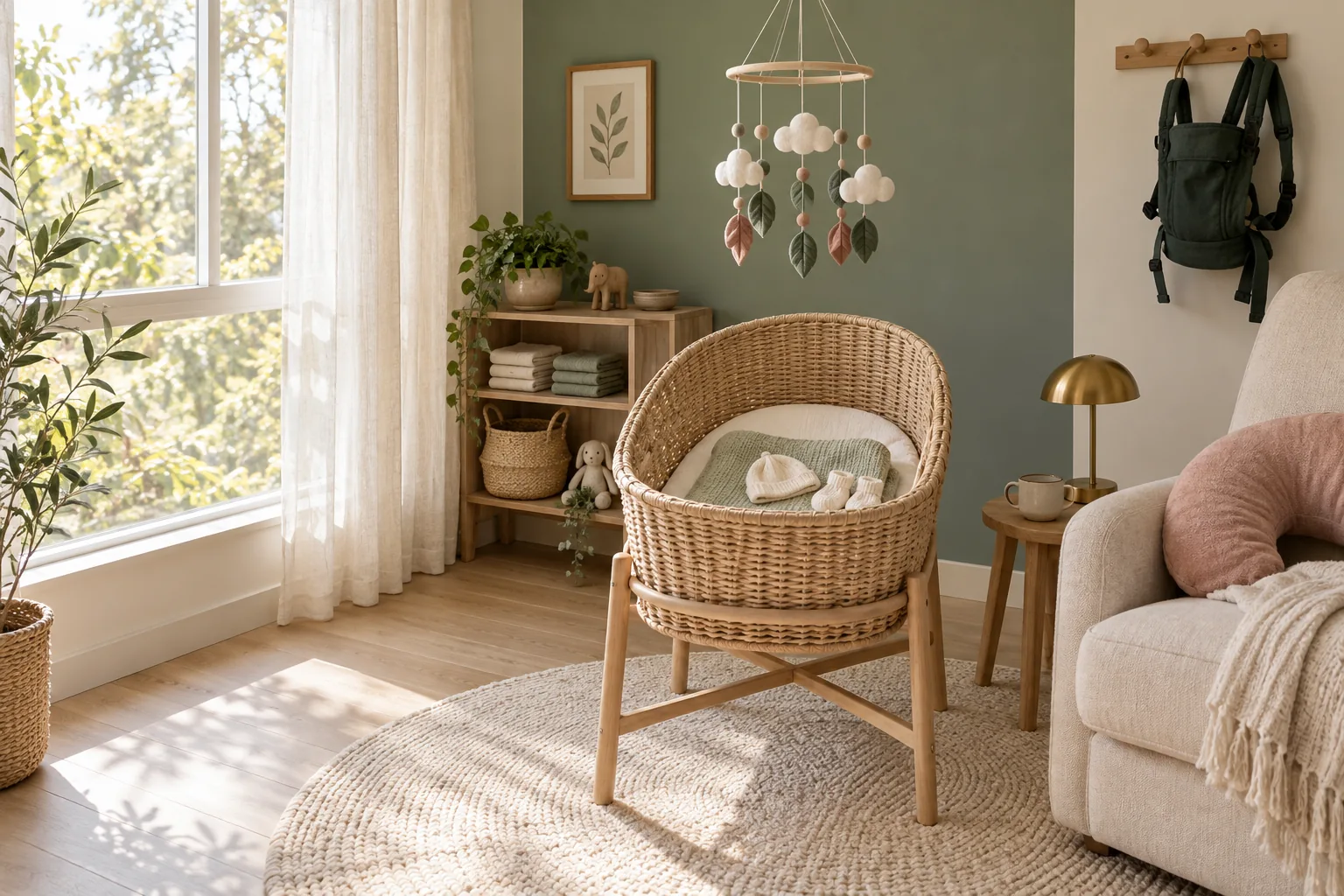 Quarto de bebê com moisés de vime, gorrinho e meinhas de tricô, móbile de feltro e poltrona de amamentação, com luz natural