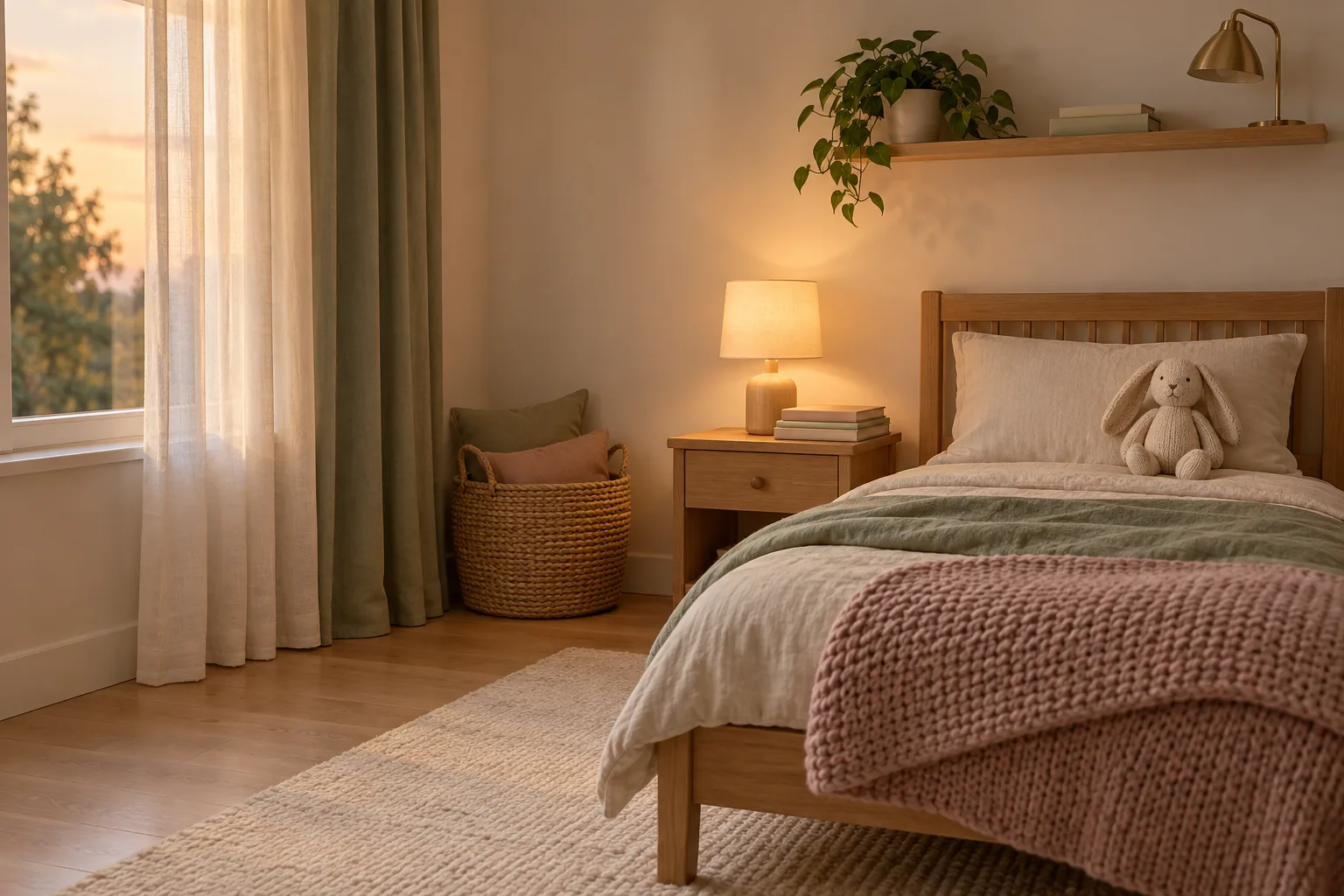 Quarto infantil arrumado para a hora de dormir, com cama de madeira, abajur aceso, livros e coelho de tricô no travesseiro